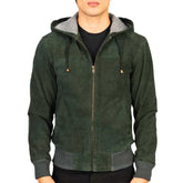 Mens Green Leather Hooded Jacket